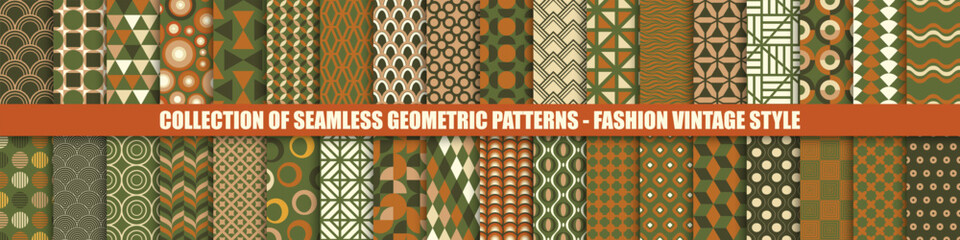 Wall Mural - Collection of vector seamless colorful patterns - vintage design. Trendy retro backgrounds, fashion style 60 - 70s. Simple unusual creative prints.