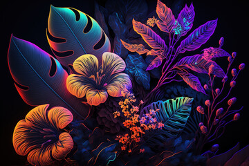 Wall Mural - Colorful tropical flowers and leaves, dark background. AI	