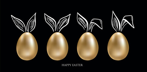 Happy Easter. Set of rabbits's ears. Gold eggs. Hand drawn illustration.	
