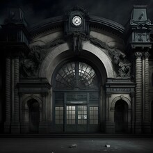 Front View Architecture Scene Decor Wide Exterior Train Station 1940 Abandonned Door Opened Wall By HG Giger Scary Night Dark Photography 