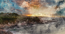 Digital Watercolour Painting Of Dramatic Landscape Sunrise Image At Prussia Cove In Cornwall England With Atmospheric Sky And Ocean