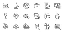 Outline Set Of Hold Heart, Inspect And Medical Food Line Icons For Web Application. Talk, Information, Delivery Truck Outline Icon. Include Report, Boiling Pan, Dot Plot Icons. Vector
