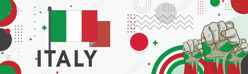 Italy national day banner with Italia flag colors theme background and geometric abstract retro modern green red white design. Italian people. Sports Games Supporters Vector Illustration.