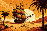 Ein gestrandetes Piratenschiff in einer Wüste