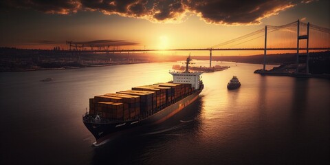 Wall Mural - Container Ship at Sunset in Golden Horn Bay, Istanbul. Generative AI.