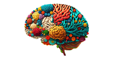 colorful brain illustration using various plant flora to form the shape, isolated with transparent b