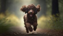 The Brown Chocolate Poodle Dog Running Outdoors, Forest Nature Background. Generative AI