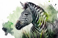 Watercolor Painting Of Peaceful Zebra With Copy Space For Text. Beautiful Artistic Animal Portrait Made With Generative AI.
