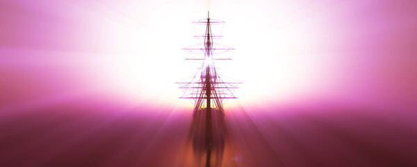 Wall Mural - old ship sunset at sea 3d rendering