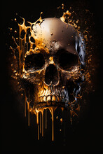 Black Skull With Gold Liquid Paint Splash