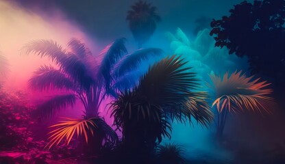 Wall Mural - Palm trees in neon light. Tropical summer landscape of exotic trees in the fog. Generated AI horizontal art.