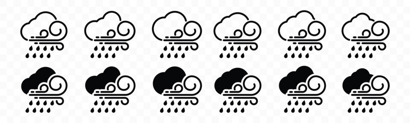 thunderstorm weather icon set. rain storm weather icons collection. cloud, rain, and wind with line 