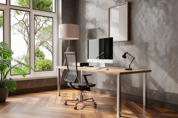 comfortable workplace with pc standing on wooden desk in office at home; bright sunlight shines through large window; wall; with canvas copy space;  remote work freelance concept; 3D Illustration