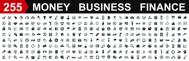 set of 255 business icons. money, business and finance web icons isolated. money, contact, bank, che