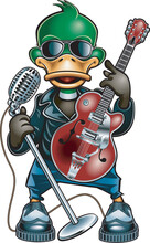 Cartoon Duck In Rockabilly Style Holding Guitar And Microphone