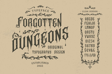 Wall Mural - Vector vintage font Dungeon. Letters and numbers