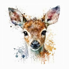 Watercolor Illustration Of A Cute Young Reindeer. Abstract Portrait Of A Little Brown Deer In Aquarelle Style With Paint Splatters. Generative AI Art.