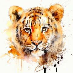 Watercolor illustration of a pretty tiger on white background. Colorful portrait of a stripped wildcat. Generative AI art.