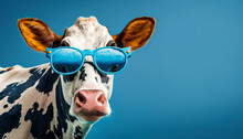 The Sun Is So Strong That Even The Cow Is Wearing Sunglasses. Against A Blue Background. AI Generated Illustration.