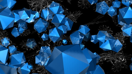 Wall Mural - futuristic geometric shapes among snowflakes in a chaotic flight. close-up. 3d. 4k. isolated black b