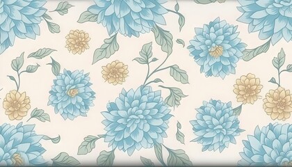   a blue and yellow flowered wallpaper with leaves and flowers on a white background with a blue border around the edges of the picture.  generative ai