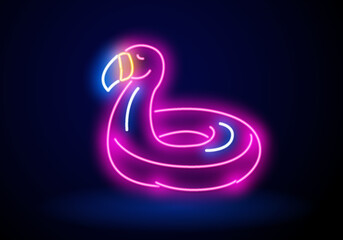 Wall Mural - Flamingo lifebuoy neon sign. Neon sign, bright signboard, light banner