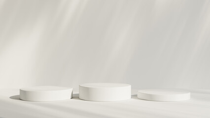 Abstract white room with realistic white cylinder pedestal podium set and leaf shadow overlay. Minimal scene for product display presentation. geometric platform stage for showcase.