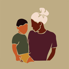 Modern black mother carrying son in elegant line art style vector