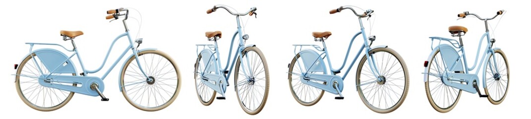 dutch blue bicycle from different views. png isolated on transparent background. 3d render.