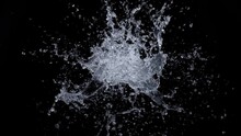 Super Slow Motion Shot Of Real Water Splash Explosion From Surface Isolated On Black At 1000fps.