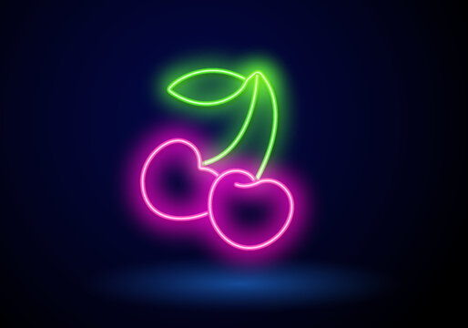 Cherry neon sign with berries and green leaf in circle. Symbol idea for bar or pub.