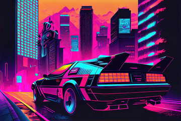 Wall Mural - Vintage sports car driving in 80s synthwave city background (Generative AI)
