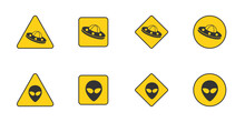 Danger UFO Sign Set. Aliens Warning Road Signs. Flat Vector Illustration.