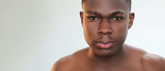 Man portrait. Clean face. Health wellness. Confident shirtless man with fresh smooth shaved cheeks skin on light neutral empty space background.