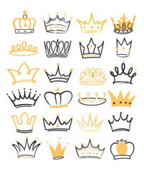 Crown doodle icons set. Collection of diadema for queen, king and princess. Imperial kingdom, monarchy and aristocracy, Medieval Age. Cartoon flat vector illustrations isolated on white background