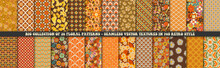 Collection Of 26 Colorful Floral Retro Patterns. Vector Trendy Backgrounds In 70s Style. Abstract Modern Geometric And Floral Ornaments, Vintage Textures Set