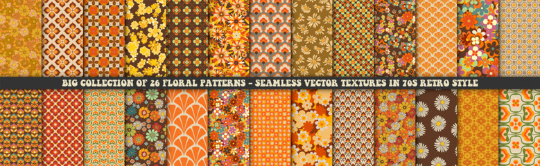 collection of 26 colorful floral retro patterns. vector trendy backgrounds in 70s style. abstract mo