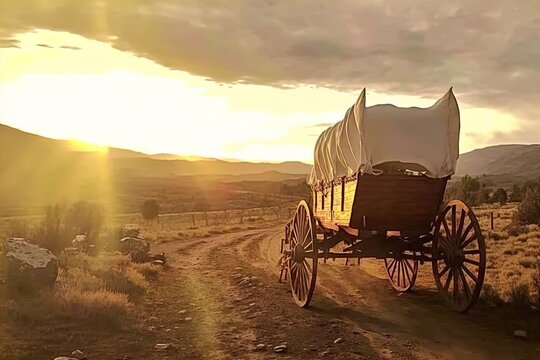 a horse and wagon on a trail in the old west. cowboy movie.