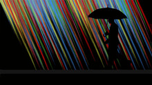 A Man With An Umbrella Walks Past Angled Lines Of Bright Colors In A Vector Image.