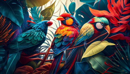 Wall Mural - Creative background with exotic bright colorful leaves and jungle birds. Ai generative illustration.
