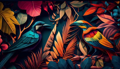Wall Mural - Creative background with exotic bright colorful leaves and birds. Created with Generative AI 