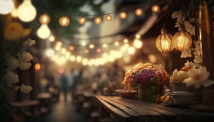 Wall Mural - flower bouquet on wood table in night time , local restaurant romantic atmosphere, Generative Ai