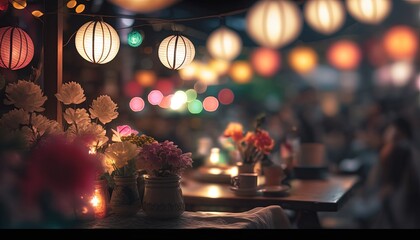 Wall Mural - festive atmosphere restaurant or night market place with string lights and flower bouquet on table, Generative Ai