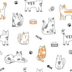 Wall Mural - Seamless pattern with cute cartoon cats isolated on white background. Vector illustration in flat style.