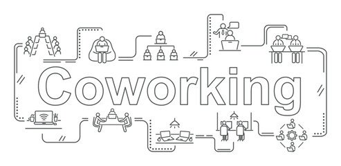  Coworking line banner. Collection of minimalistic icons for website. Teamwork and partnership, efficient workflow and business meeting. Cartoon flat vector illustrations isolated on white background