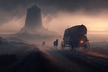 Wall Mural - A horse drawn carriage with a castle in the background. Mysterious foggy scene. 