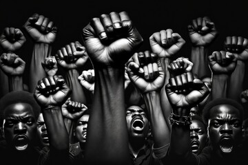 Group of black people raising their clenched fists. Generative Ai