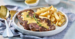 sliced beef steak with sauce and french fries