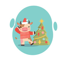 Cute Cow With Christmas Tree. New Year And Winter Holidays And Festivals. International Culture And Traditions. Design Element For Greeting Postcard. Cartoon Flat Vector Illustration