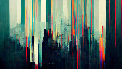 abstract colorful city background, digital glitch art, generative ai